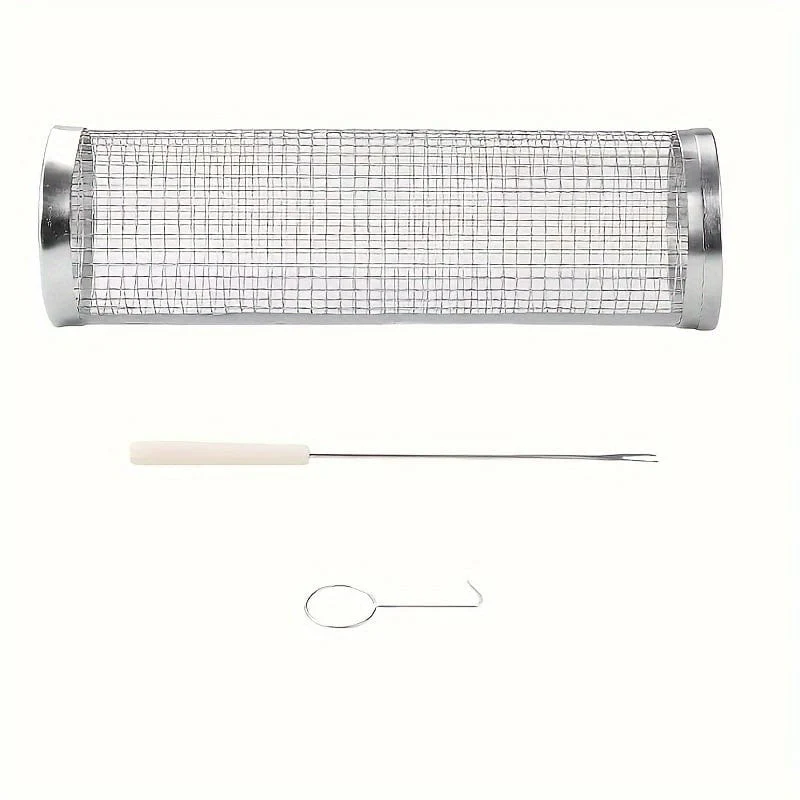 3 Stück/Set, rollender Grillkorb für den Grill, Grillkäfig aus Edelstahl mit Gabelhaken-Set, rundes Grillgitter aus Edelstahl für Gemüsepommes, Fisch, Grillkorb für Gemüsescheiben für ein Picknick im Freien.