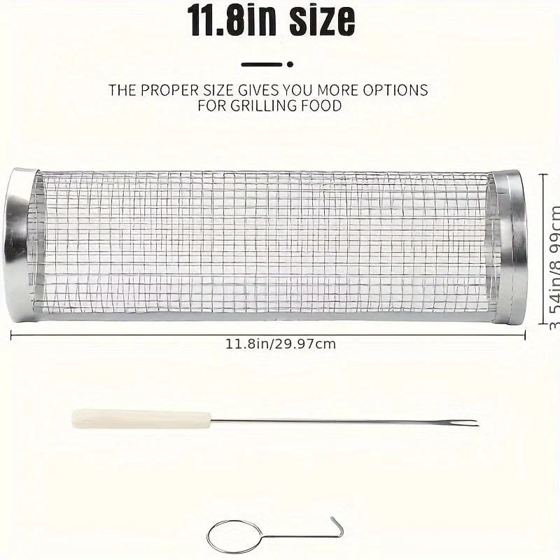 3 Stück/Set, rollender Grillkorb für den Grill, Grillkäfig aus Edelstahl mit Gabelhaken-Set, rundes Grillgitter aus Edelstahl für Gemüsepommes, Fisch, Grillkorb für Gemüsescheiben für ein Picknick im Freien.