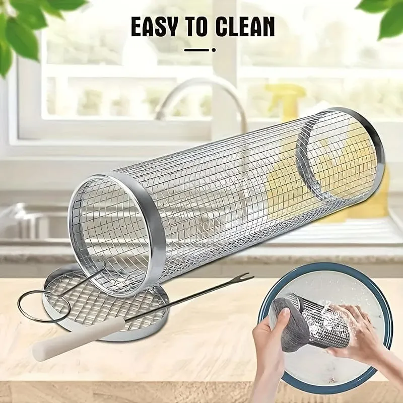 3 Stück/Set, rollender Grillkorb für den Grill, Grillkäfig aus Edelstahl mit Gabelhaken-Set, rundes Grillgitter aus Edelstahl für Gemüsepommes, Fisch, Grillkorb für Gemüsescheiben für ein Picknick im Freien.