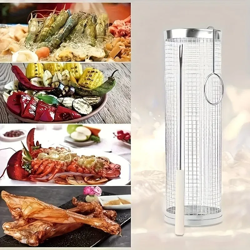 3 Stück/Set, rollender Grillkorb für den Grill, Grillkäfig aus Edelstahl mit Gabelhaken-Set, rundes Grillgitter aus Edelstahl für Gemüsepommes, Fisch, Grillkorb für Gemüsescheiben für ein Picknick im Freien.