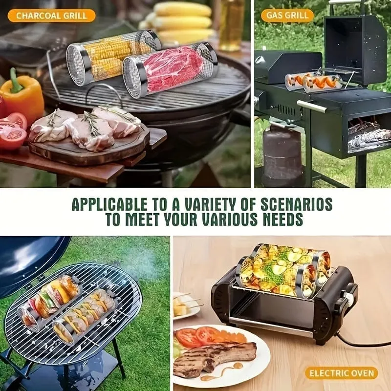 3 Stück/Set, rollender Grillkorb für den Grill, Grillkäfig aus Edelstahl mit Gabelhaken-Set, rundes Grillgitter aus Edelstahl für Gemüsepommes, Fisch, Grillkorb für Gemüsescheiben für ein Picknick im Freien.