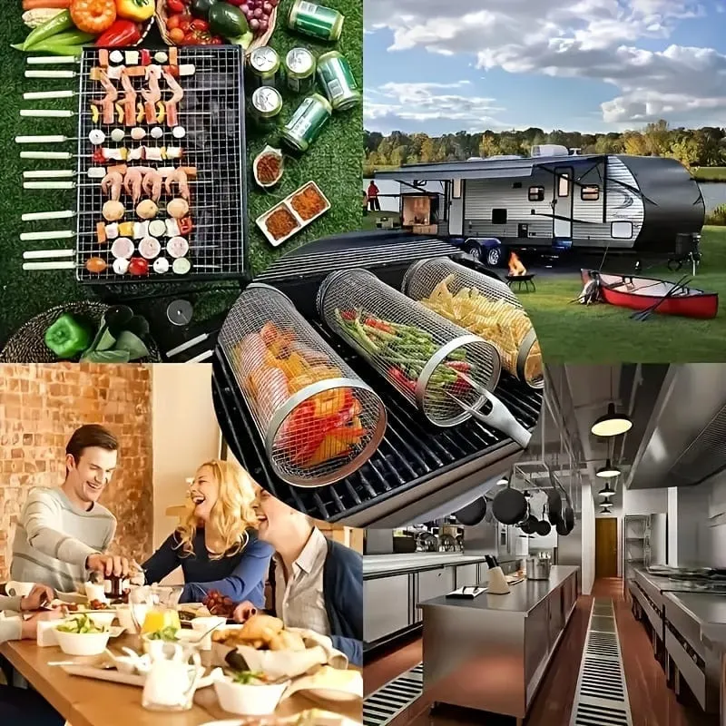3 Stück/Set, rollender Grillkorb für den Grill, Grillkäfig aus Edelstahl mit Gabelhaken-Set, rundes Grillgitter aus Edelstahl für Gemüsepommes, Fisch, Grillkorb für Gemüsescheiben für ein Picknick im Freien.