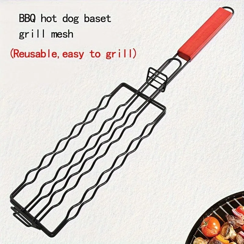 1 Stück, abnehmbarer Hot-Dog-Grill, Wurstgrillkäfig mit Holzgriff, BBQ-Antihaftgrill mit Outdoor-Wurstgrillnetz, Küchenzubehör, Küchenzubehör, Grillzubehör