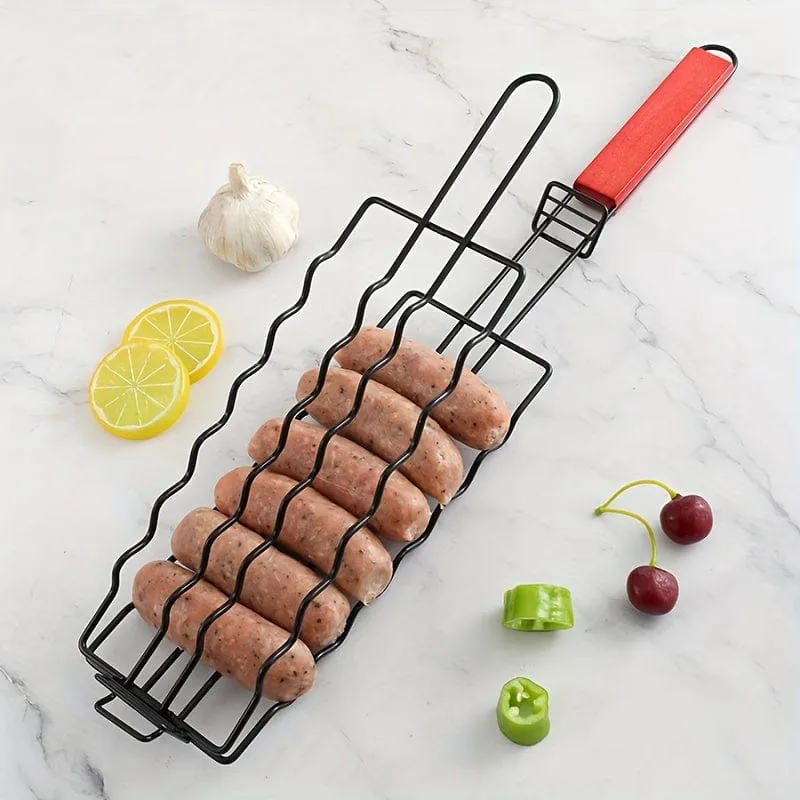 1 Stück, abnehmbarer Hot-Dog-Grill, Wurstgrillkäfig mit Holzgriff, BBQ-Antihaftgrill mit Outdoor-Wurstgrillnetz, Küchenzubehör, Küchenzubehör, Grillzubehör