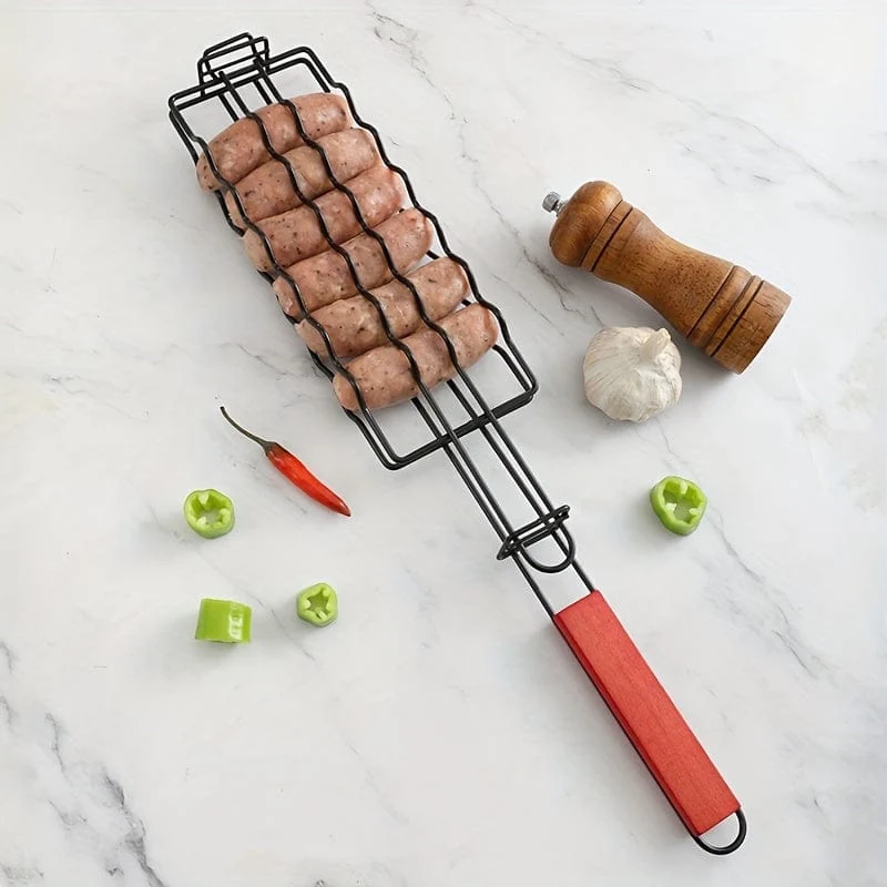 1 Stück, abnehmbarer Hot-Dog-Grill, Wurstgrillkäfig mit Holzgriff, BBQ-Antihaftgrill mit Outdoor-Wurstgrillnetz, Küchenzubehör, Küchenzubehör, Grillzubehör