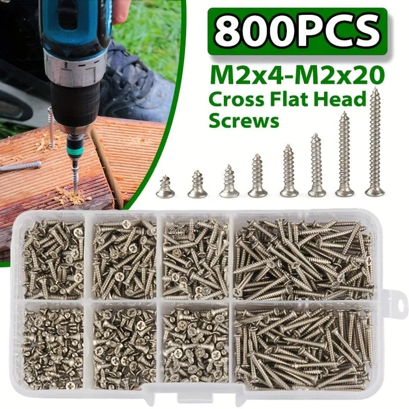 800 Stück/Box Edelstahl Blechschrauben M2x4 M2x5 M2x6 M2x8 M2x10 Sortimentssatz Kontermutter Holzgewinde Nagelschrauben-Sets