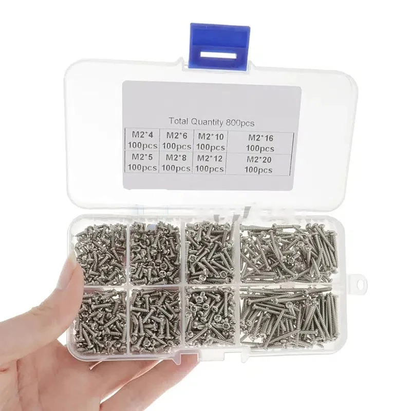 800 Stück/Box Edelstahl Blechschrauben M2x4 M2x5 M2x6 M2x8 M2x10 Sortimentssatz Kontermutter Holzgewinde Nagelschrauben-Sets