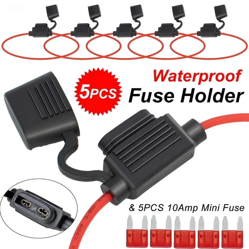 5 Stück Inline-Sicherungshalter + 5 Stück wasserdichte Steckdose Mini-Flachsicherungen Autoersatz 10A für Ford für Kia für Toyota für Renault für Hyundai