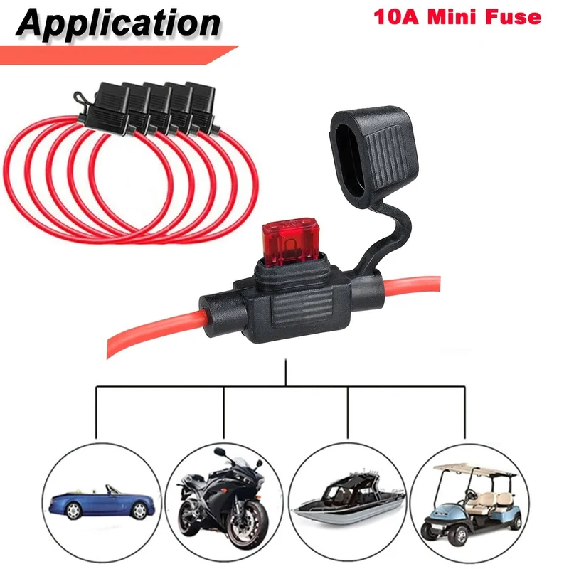 5 Stück Inline-Sicherungshalter + 5 Stück wasserdichte Steckdose Mini-Flachsicherungen Autoersatz 10A für Ford für Kia für Toyota für Renault für Hyundai