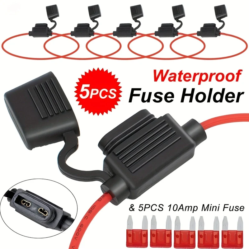 5 Stück Inline-Sicherungshalter + 5 Stück wasserdichte Steckdose Mini-Flachsicherungen Autoersatz 10A für Ford für Kia für Toyota für Renault für Hyundai