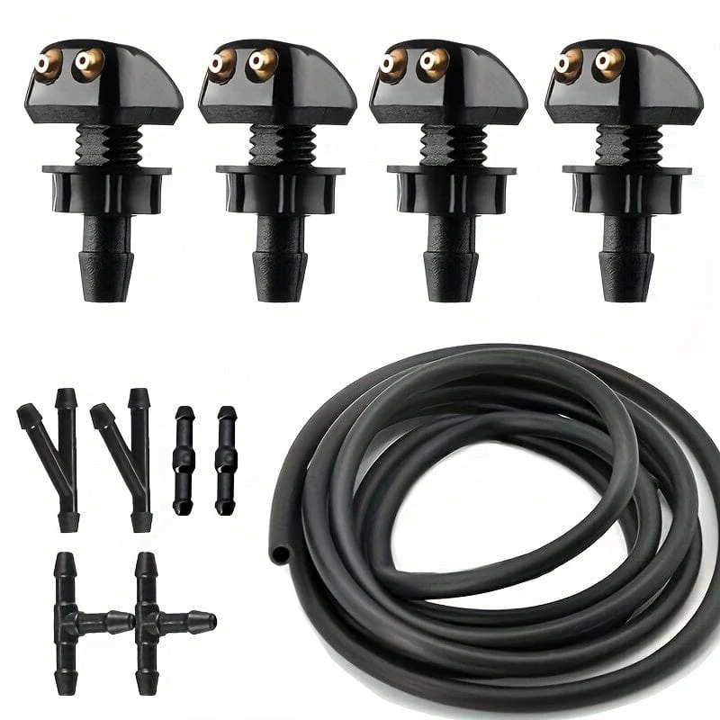 1 Set Universal Style Auto Scheibenwischerdüse 2 Meter Schlauch 6 Anschlüsse 4 Doppelloch Wassersprühdüsen