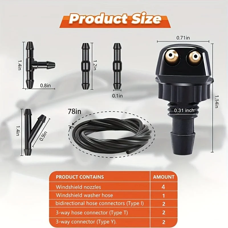 1 Set Universal Style Auto Scheibenwischerdüse 2 Meter Schlauch 6 Anschlüsse 4 Doppelloch Wassersprühdüsen
