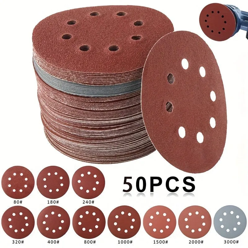50 Stück 12.5 cm/4.92 Zoll Schleifpapier runde Schleifscheiben – 8-Loch-Klettschleifer-Polierpad zum Polieren und Schleifen