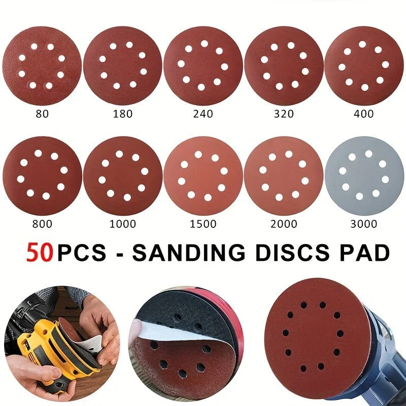 50 Stück 12.5 cm/4.92 Zoll Schleifpapier runde Schleifscheiben – 8-Loch-Klettschleifer-Polierpad zum Polieren und Schleifen
