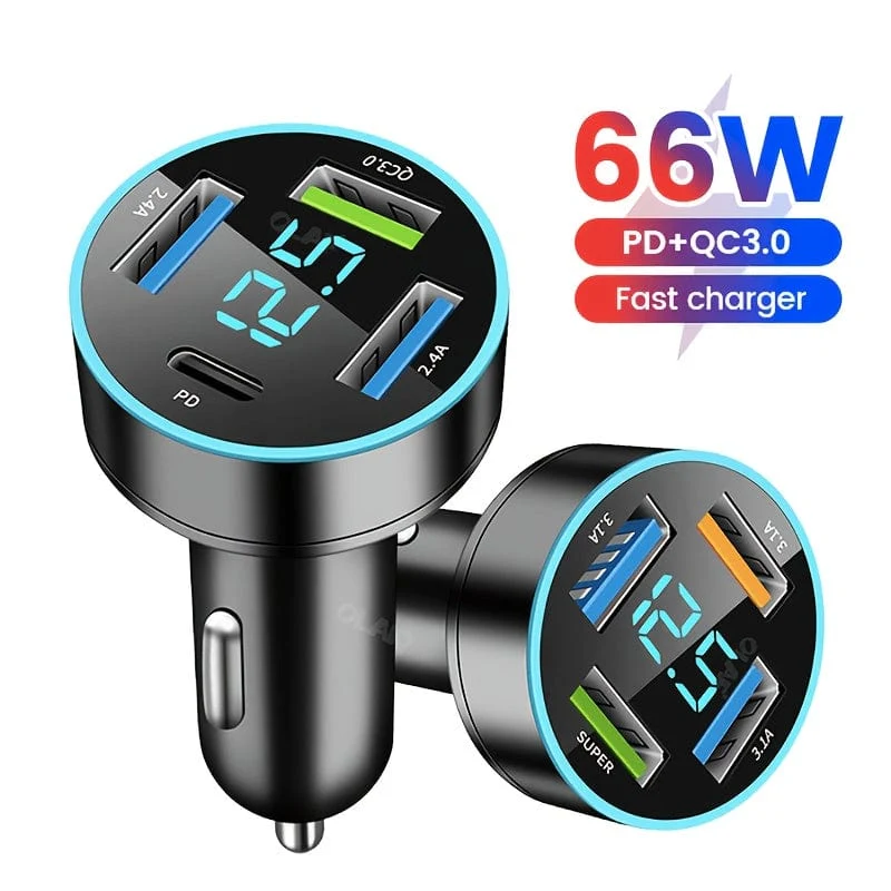 Superschnelles 66-W-PD20W-QC3.0-SCP-AFC-Autoladegerät: Laden Sie Ihr iPhone/iPad, Samsung, Android und mehr blitzschnell auf – mit Digitalanzeige!