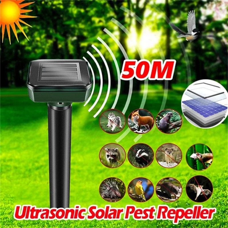 1/2 Stück, Ultraschall-Solar-Schädlingsvertreiber, Bewegungsmelder, wasserdicht, für Garten, Nutztiere, Insekten, Maulwürfe, Vögel, Schlangen (10 m/20 m/50 m)