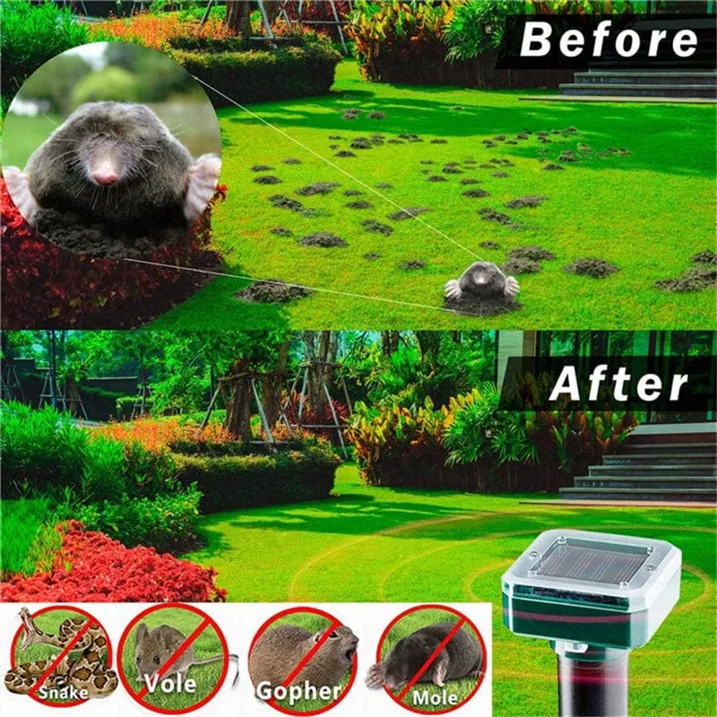 1/2 Stück, Ultraschall-Solar-Schädlingsvertreiber, Bewegungsmelder, wasserdicht, für Garten, Nutztiere, Insekten, Maulwürfe, Vögel, Schlangen (10 m/20 m/50 m)