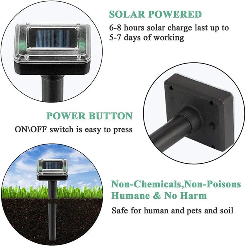 1/2 Stück, Ultraschall-Solar-Schädlingsvertreiber, Bewegungsmelder, wasserdicht, für Garten, Nutztiere, Insekten, Maulwürfe, Vögel, Schlangen (10 m/20 m/50 m)