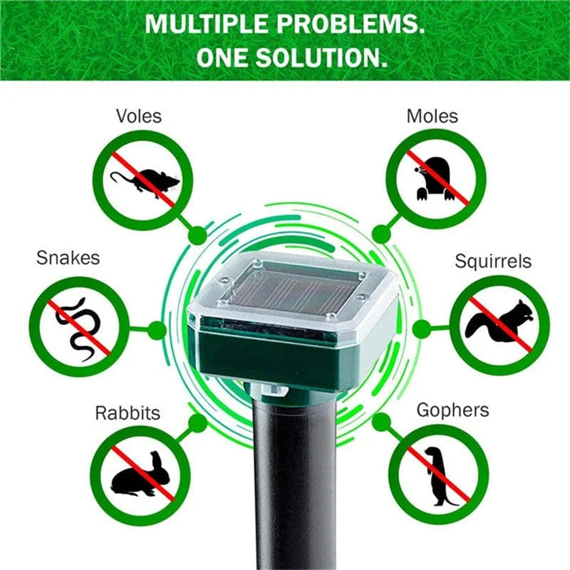 1/2 Stück, Ultraschall-Solar-Schädlingsvertreiber, Bewegungsmelder, wasserdicht, für Garten, Nutztiere, Insekten, Maulwürfe, Vögel, Schlangen (10 m/20 m/50 m)