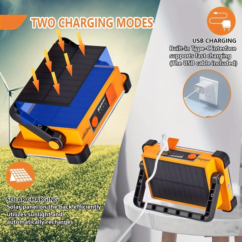 1 Stück Degruand wiederaufladbare LED-Arbeits-Solarleuchte, tragbares, ultrahelles Flutlicht, wasserdichtes kabelloses Licht, bodenstehend, für Stromausfall, Notfall-Arbeitsleuchte/Camping im Freien/Angeln