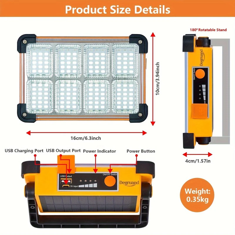 1 Stück Degruand wiederaufladbare LED-Arbeits-Solarleuchte, tragbares, ultrahelles Flutlicht, wasserdichtes kabelloses Licht, bodenstehend, für Stromausfall, Notfall-Arbeitsleuchte/Camping im Freien/Angeln
