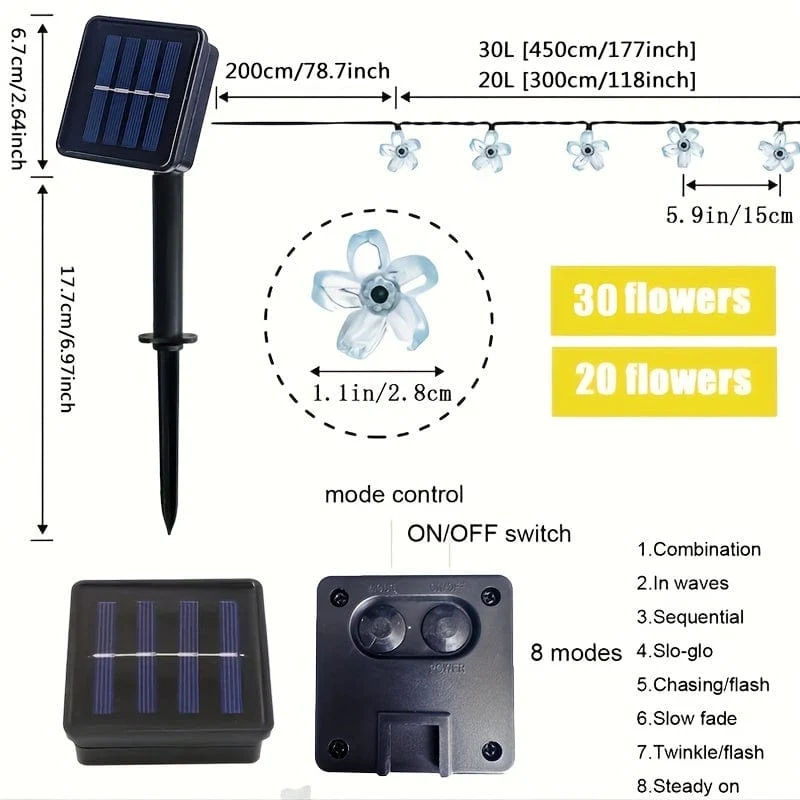 Solar-Lichterkette mit violetten Kirschblüten, 8 Funktionen, Lichterkette für Hof, Balkon, Outdoor, Camping, Dekoration, Urlaubs-LED-Atmosphärenlicht, 1 Lichterkette mit 5 Metern 20 Lichtern oder 6.5 Metern 30 Lichtern
