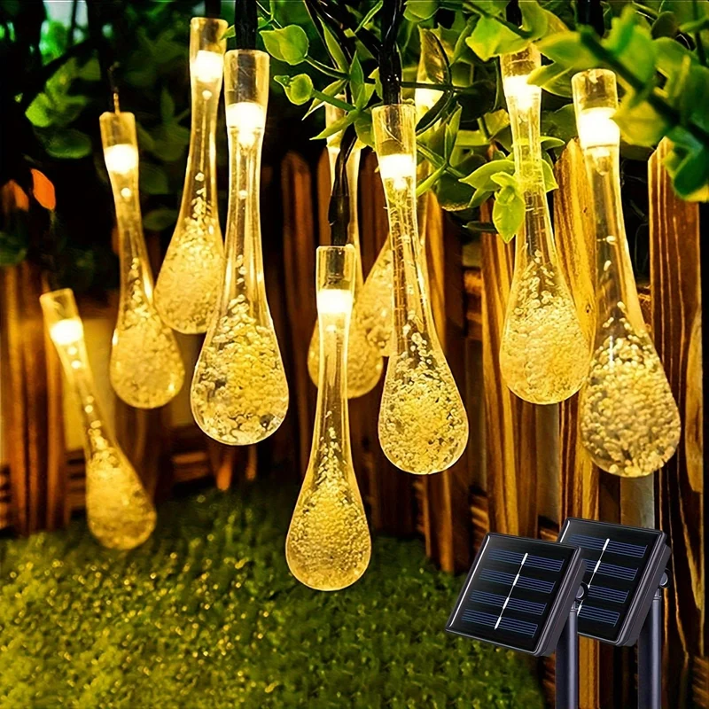 1 Packung Wassertropfen-Solar-Lichterkette, 20/50/100 LED, 8 Beleuchtungsmodi, wasserdichte Solar-Gartenleuchte, Außengirlande, Weihnachtshochzeitsfeier, Gartenwanddekoration (Warmweiß/Mehrfarbig/Weiß)