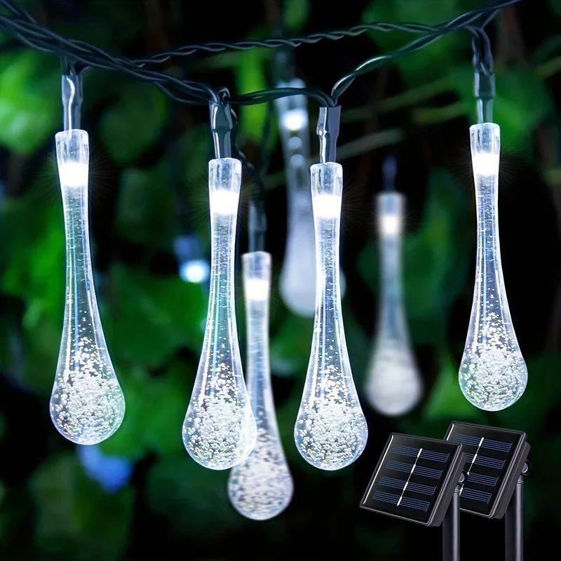 1 Packung Wassertropfen-Solar-Lichterkette, 20/50/100 LED, 8 Beleuchtungsmodi, wasserdichte Solar-Gartenleuchte, Außengirlande, Weihnachtshochzeitsfeier, Gartenwanddekoration (Warmweiß/Mehrfarbig/Weiß)