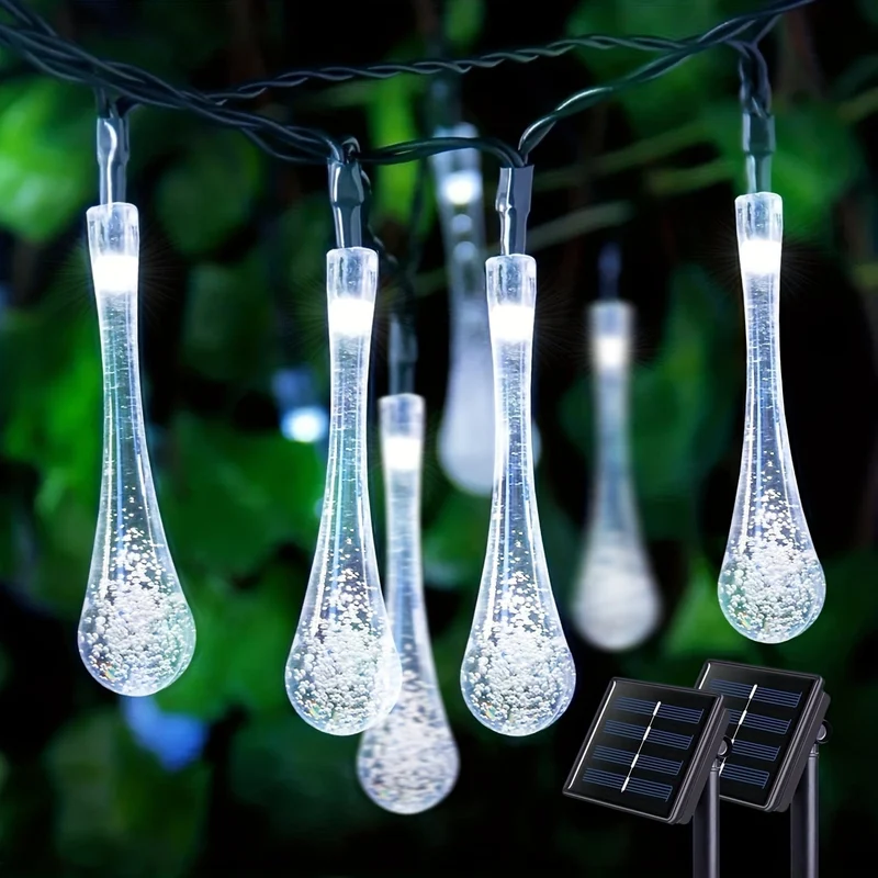 1 Packung Wassertropfen-Solar-Lichterkette, 20/50/100 LED, 8 Beleuchtungsmodi, wasserdichte Solar-Gartenleuchte, Außengirlande, Weihnachtshochzeitsfeier, Gartenwanddekoration (Warmweiß/Mehrfarbig/Weiß)