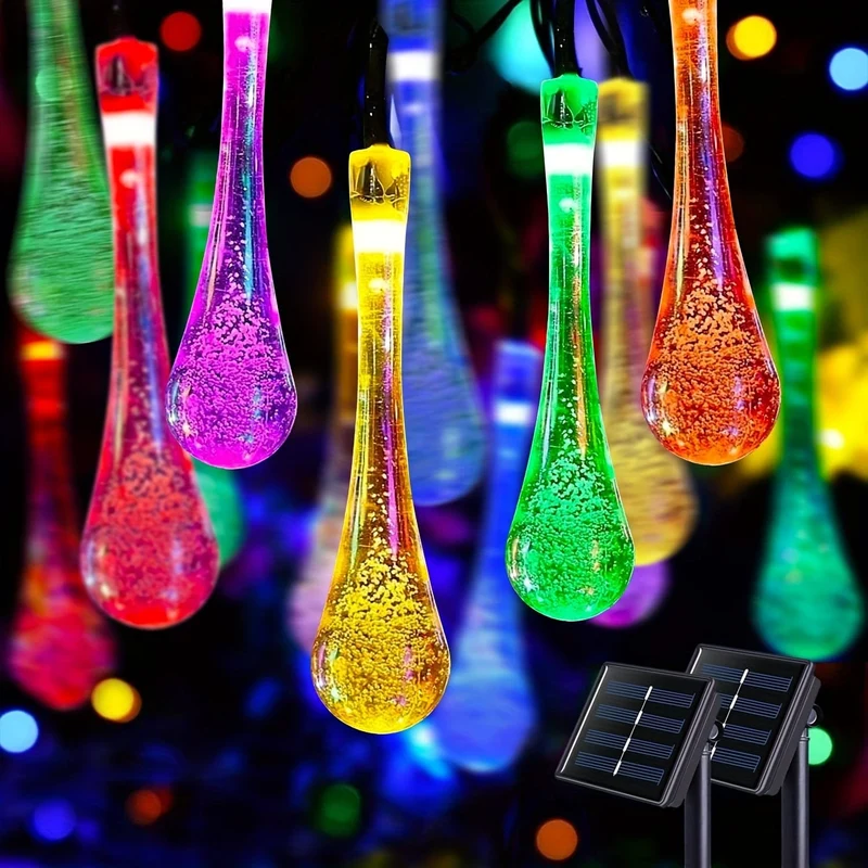 1 Packung Wassertropfen-Solar-Lichterkette, 20/50/100 LED, 8 Beleuchtungsmodi, wasserdichte Solar-Gartenleuchte, Außengirlande, Weihnachtshochzeitsfeier, Gartenwanddekoration (Warmweiß/Mehrfarbig/Weiß)