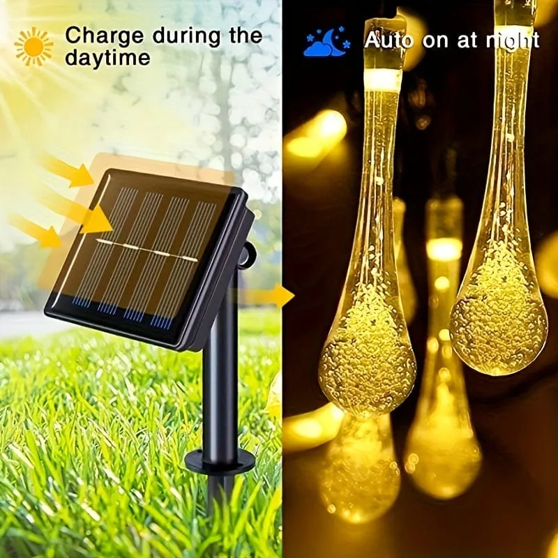 1 Packung Wassertropfen-Solar-Lichterkette, 20/50/100 LED, 8 Beleuchtungsmodi, wasserdichte Solar-Gartenleuchte, Außengirlande, Weihnachtshochzeitsfeier, Gartenwanddekoration (Warmweiß/Mehrfarbig/Weiß)