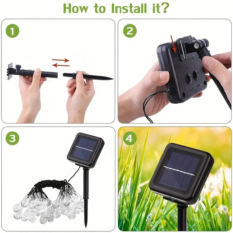 1 Packung Wassertropfen-Solar-Lichterkette, 20/50/100 LED, 8 Beleuchtungsmodi, wasserdichte Solar-Gartenleuchte, Außengirlande, Weihnachtshochzeitsfeier, Gartenwanddekoration (Warmweiß/Mehrfarbig/Weiß)