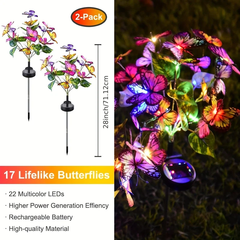 2er-Pack Solarschaukel-Wind-Schmetterlingslichter, wasserdichte dekorative Gartenlichter, mit farbwechselndem Schmetterlingsdesign, solarbetriebene LED-Außenlichter für Terrasse, Hof und Weg