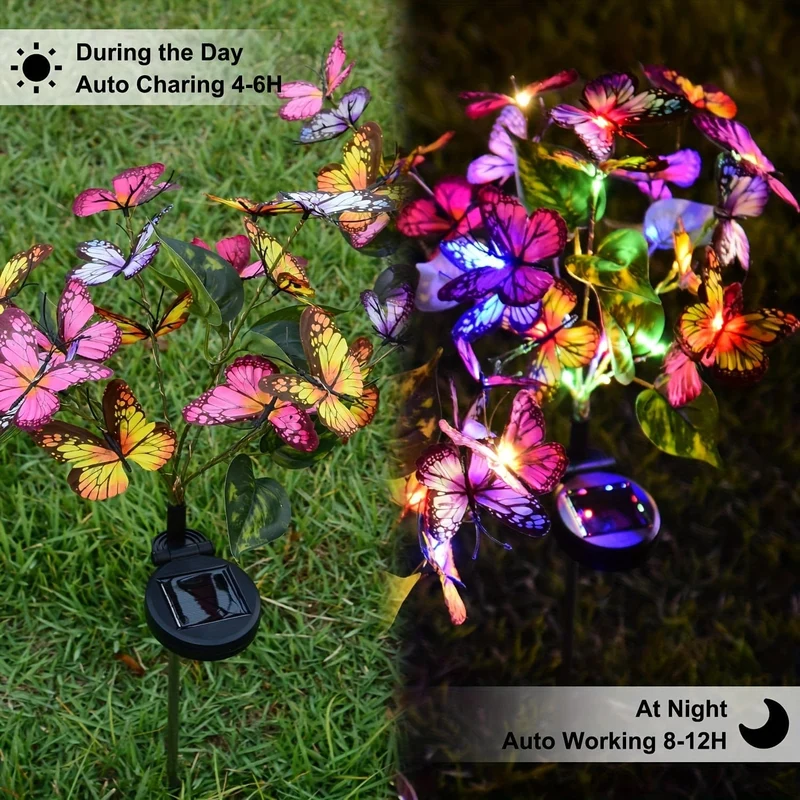 2er-Pack Solarschaukel-Wind-Schmetterlingslichter, wasserdichte dekorative Gartenlichter, mit farbwechselndem Schmetterlingsdesign, solarbetriebene LED-Außenlichter für Terrasse, Hof und Weg