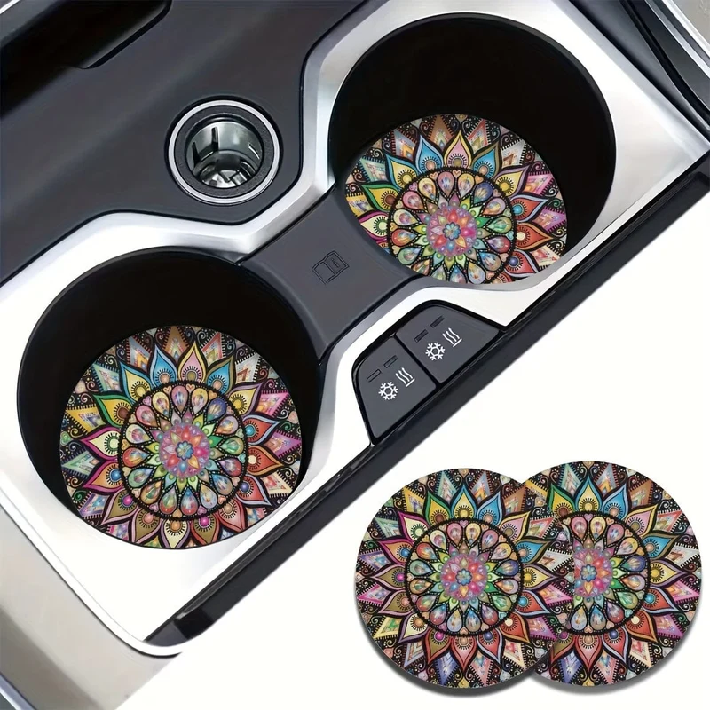 2 Stück Retro-Mandala-Blumen-saugfähige Auto-Getränkehalter-Untersetzermatten – Auto-Innenzubehör für Frauen, Wasserbecher-Untersetzer für Autos, Fahrzeuge und den Heimschreibtisch