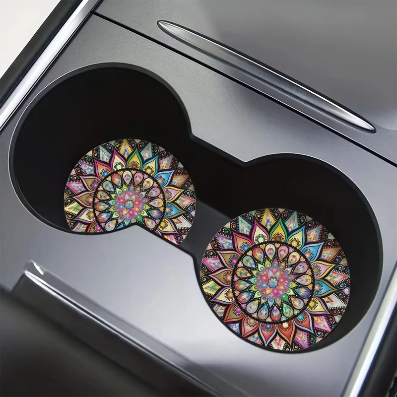 2 Stück Retro-Mandala-Blumen-saugfähige Auto-Getränkehalter-Untersetzermatten – Auto-Innenzubehör für Frauen, Wasserbecher-Untersetzer für Autos, Fahrzeuge und den Heimschreibtisch
