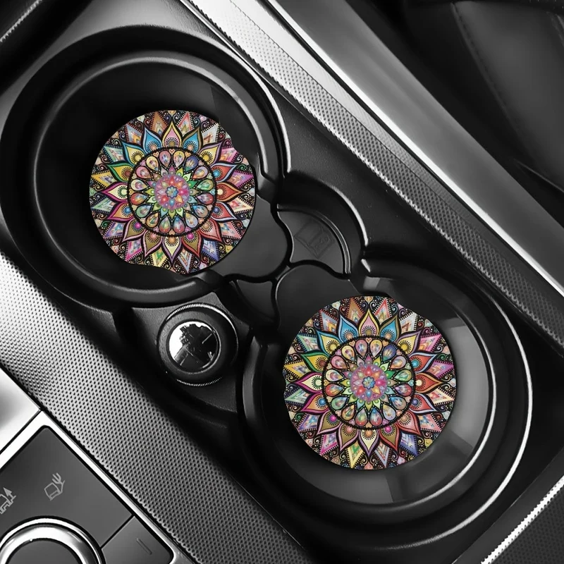 2 Stück Retro-Mandala-Blumen-saugfähige Auto-Getränkehalter-Untersetzermatten – Auto-Innenzubehör für Frauen, Wasserbecher-Untersetzer für Autos, Fahrzeuge und den Heimschreibtisch