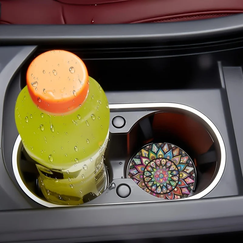2 Stück Retro-Mandala-Blumen-saugfähige Auto-Getränkehalter-Untersetzermatten – Auto-Innenzubehör für Frauen, Wasserbecher-Untersetzer für Autos, Fahrzeuge und den Heimschreibtisch
