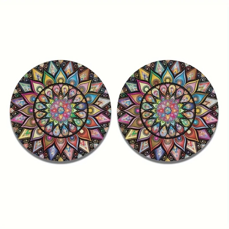 2 Stück Retro-Mandala-Blumen-saugfähige Auto-Getränkehalter-Untersetzermatten – Auto-Innenzubehör für Frauen, Wasserbecher-Untersetzer für Autos, Fahrzeuge und den Heimschreibtisch