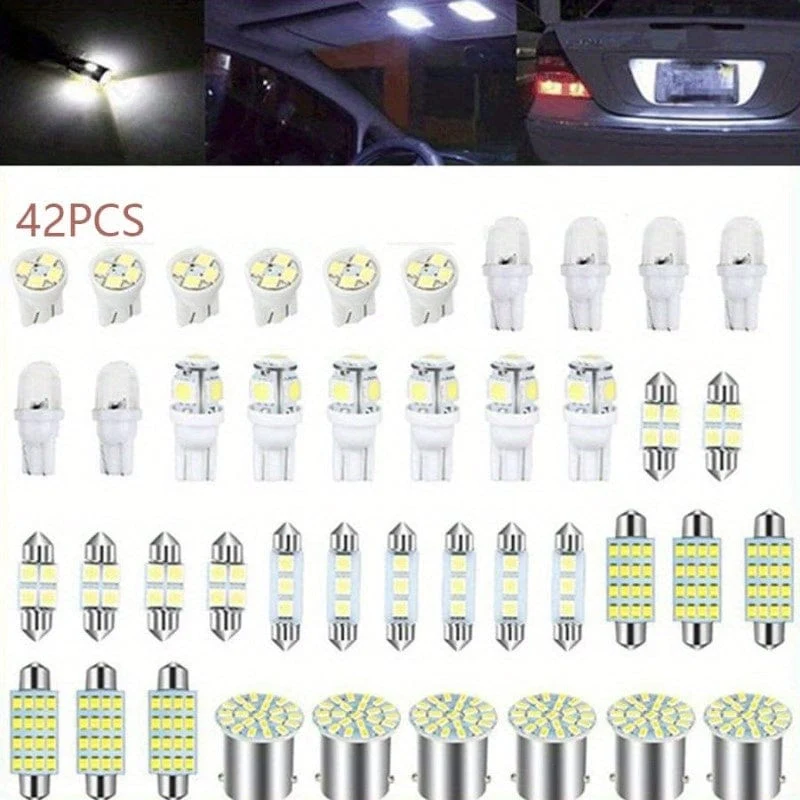 42 Stück langlebiges Auto-Licht-Ersatzteil, Autos, Keillichter, T10, Auto-Innenbeleuchtung, T5, Karte, Kuppel-Glühbirne, Rücklicht, Kennzeichenbeleuchtung, Kofferraum-Glühbirnen