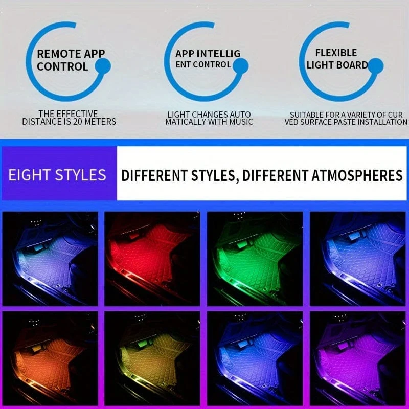 Ein Auto-Atmosphärenlicht, kabelloses RGB-Fußlicht mit Fernbedienung, 48 LED-APP-einstellbares Farbatmosphärenlicht, ein bis vier Musiklicht