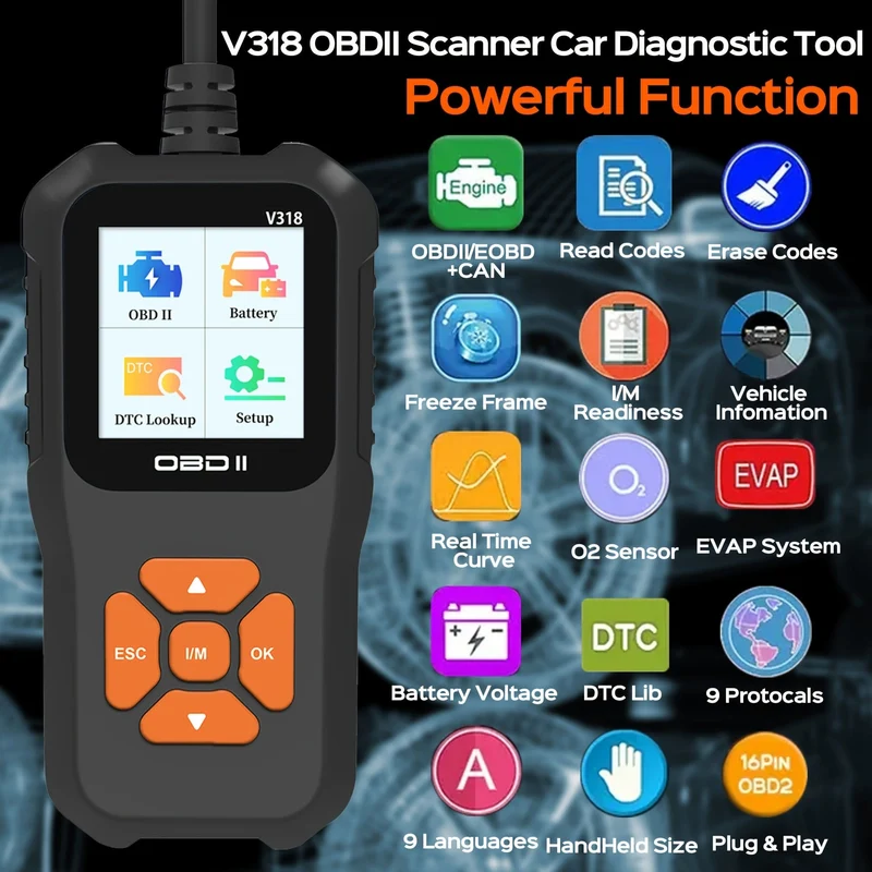 OBD2-Autoscanner-Diagnose-Scan-Tool V318-2, Farbbildschirm, Fahrzeug-Fehlercodeleser, automatisch lesende Fehlercode-Kontrollleuchte für Fahrzeuge mit OBDII-Protokoll