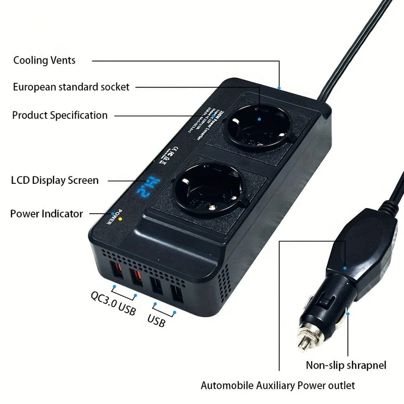 200W Auto-Wechselrichter DC 12V zu AC 220V Konverter Steckdosen 4 USB-Schnelllade-Universalsteckdose Netzteil Wechselrichter EU, Steckdosen
