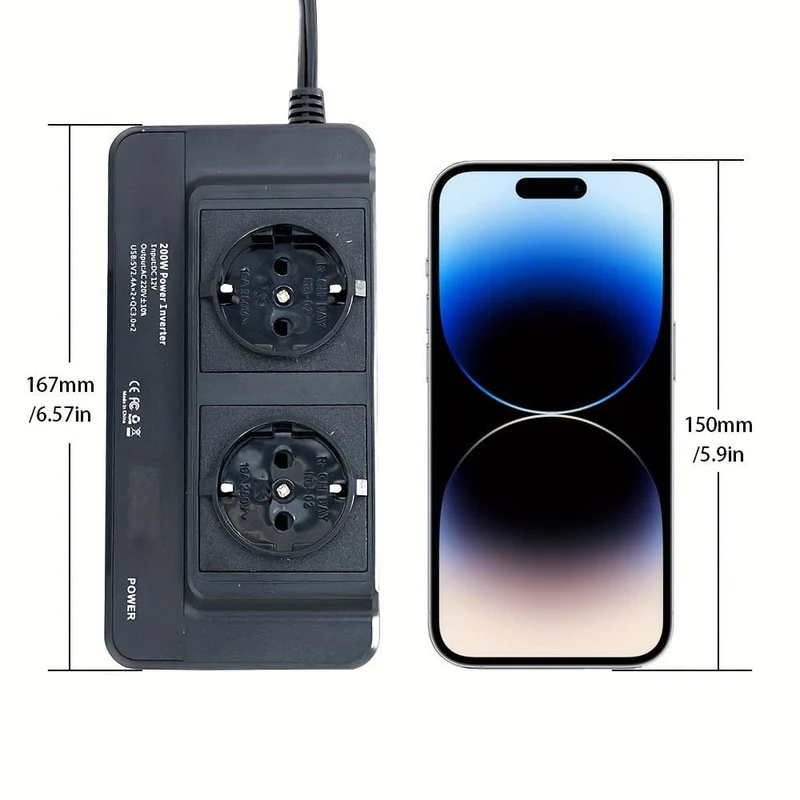 200W Auto-Wechselrichter DC 12V zu AC 220V Konverter Steckdosen 4 USB-Schnelllade-Universalsteckdose Netzteil Wechselrichter EU, Steckdosen
