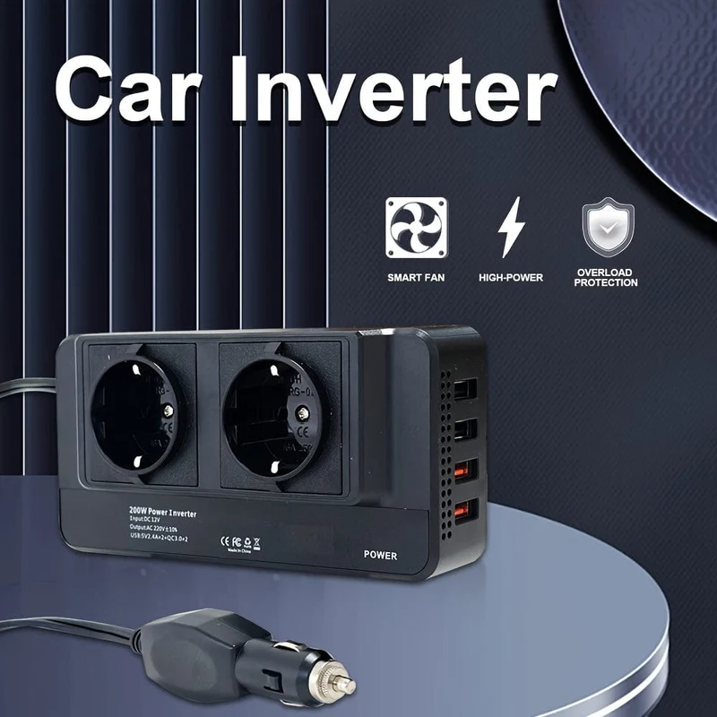200W Auto-Wechselrichter DC 12V zu AC 220V Konverter Steckdosen 4 USB-Schnelllade-Universalsteckdose Netzteil Wechselrichter EU, Steckdosen