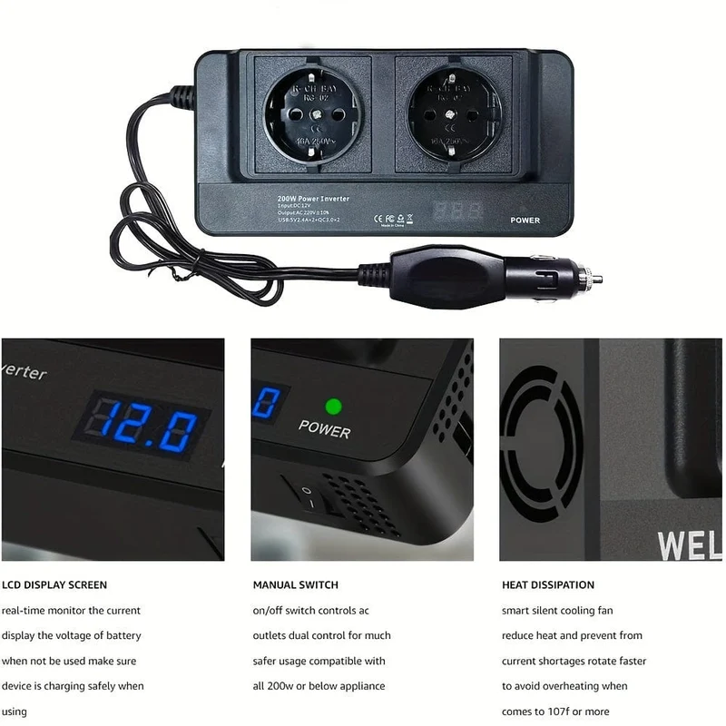 200W Auto-Wechselrichter DC 12V zu AC 220V Konverter Steckdosen 4 USB-Schnelllade-Universalsteckdose Netzteil Wechselrichter EU, Steckdosen