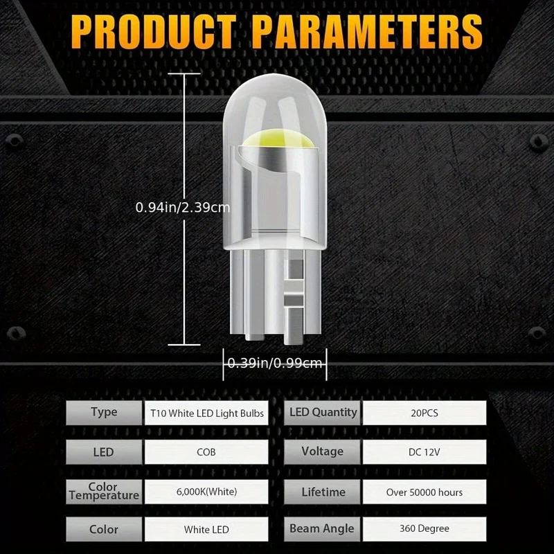 20PCS 12V Weißes LED-Licht T10 194 168 W5W 2825 COB LED-Kennzeichen-Innenbeleuchtungslampen 6000K Anhänger-LKW-Auto-LKW