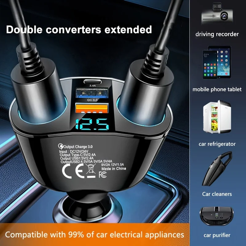 Dual-Port-Autoladegerät-Adapter: Laden Sie mehrere Geräte gleichzeitig mit der digitalen Anzeige auf!