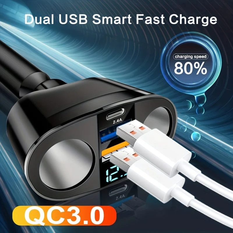 Dual-Port-Autoladegerät-Adapter: Laden Sie mehrere Geräte gleichzeitig mit der digitalen Anzeige auf!