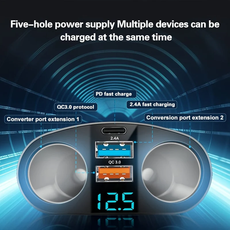 Dual-Port-Autoladegerät-Adapter: Laden Sie mehrere Geräte gleichzeitig mit der digitalen Anzeige auf!